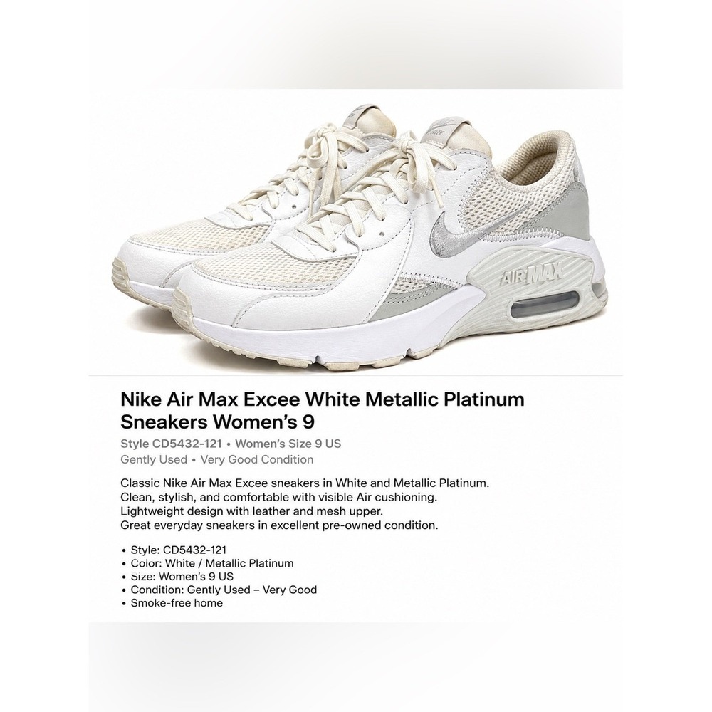 Nike Air Max Excee White Metallic Platinum Sneakers Women's 9